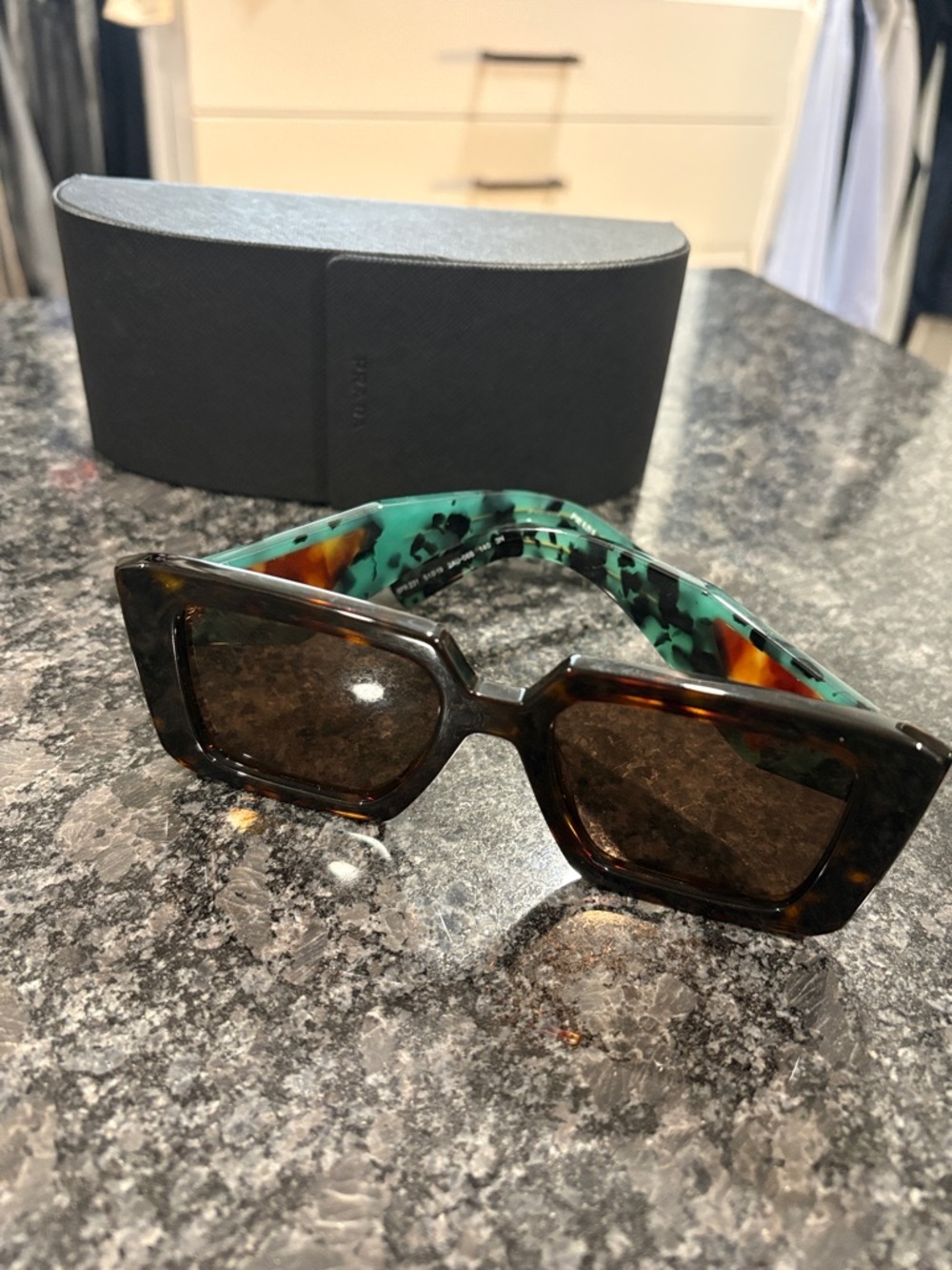 Prada Tortoiseshell Frame Sunglasses with Green Marble Temples